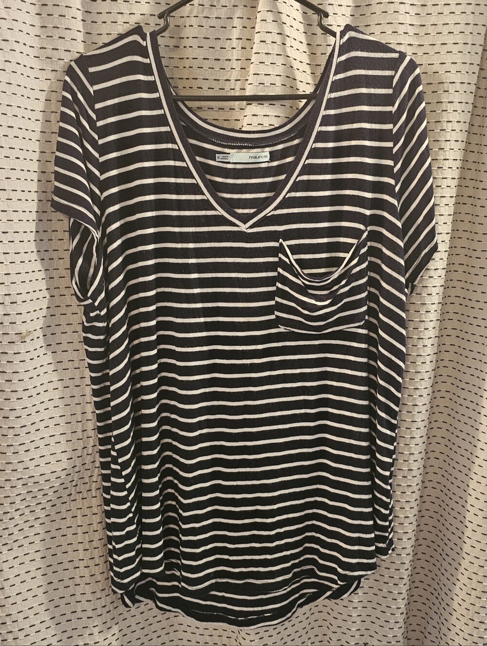Maurices Navy Blue & White Striped V-Neck Pocket Tee - Casual Short Sleeve